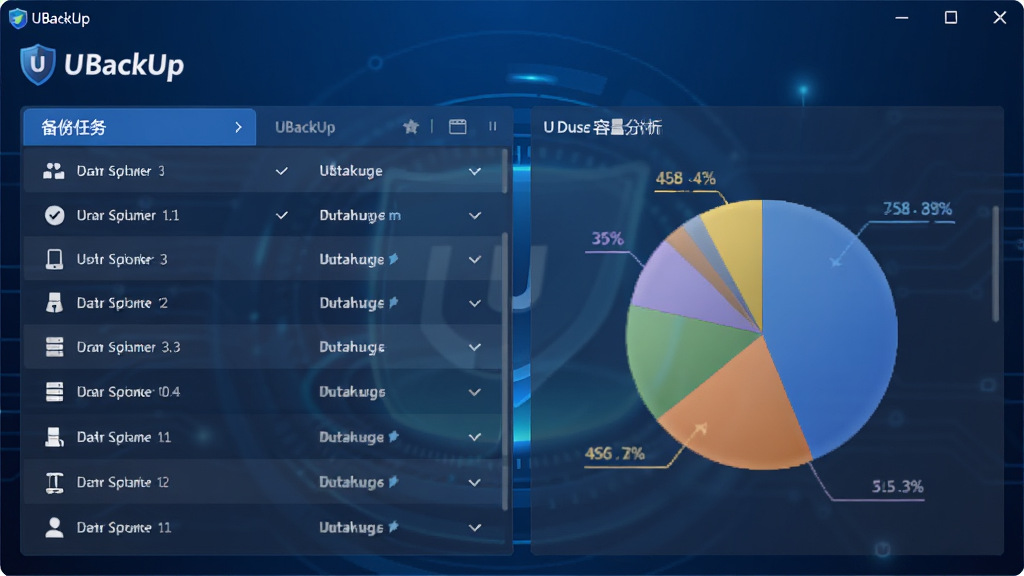 主视觉图:U盘备份工具(UBackUp)软件主界面截图,左侧为备份任务列表,右侧显示U盘容量分析饼图,背景为深蓝色科技感渐变,界面元素清晰明亮,整体风格简洁专业,突出数据安全与备份主题