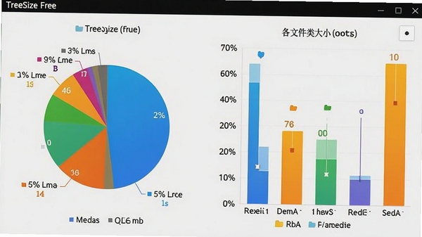 TreeSize Free饼图与柱状图展示界面,左侧为彩色饼图显示文件类型分布,右侧为柱状图对比各文件夹大小,图表配色鲜艳,背景为浅灰色,整体视觉效果专业