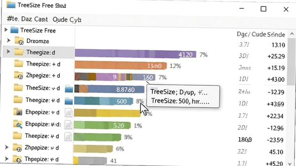 TreeSize Free树状目录扫描功能截图,展示C盘根目录下各文件夹大小排列,用不同颜色条形图表示占用比例,鼠标悬停在某个文件夹上显示详细信息,背景为白色