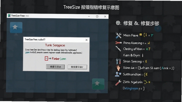 TreeSize Free报错修复示意图,屏幕截图显示错误提示框,旁边有修复步骤列表,背景为深色,整体风格专业