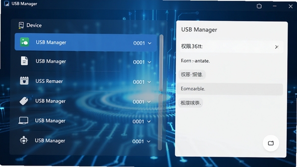 USB Manager主界面,左侧设备列表,右侧权限设置面板,现代简约风格,蓝色科技感背景,界面清晰,无文字