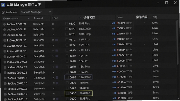 USB Manager操作日志界面,表格展示设备接入时间、设备名称、操作结果,深色主题,数据密集,专业感强