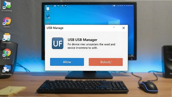 USB Manager弹出提示窗口,显示新设备接入信息,包含允许/阻止按钮,背景为电脑桌面,界面简洁,色彩鲜明