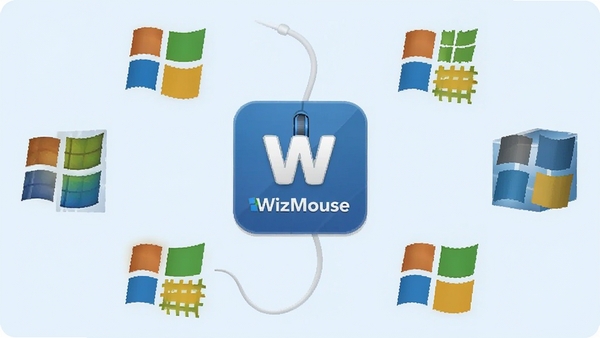 WizMouse鼠标滚轮增强工具的系统兼容性示意图,画面中央是WizMouse软件图标,周围环绕着多个Windows系统徽标,代表不同版本,背景为淡蓝色,整体风格简洁直观,突出软件广泛的兼容性