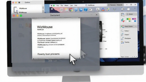 WizMouse悬停滚动功能演示图,画面显示鼠标指针悬停在一个未激活的文档窗口上,滚轮滚动时文档内容随之滚动,背景是另一个已打开的应用程序窗口,突出多窗口操作场景