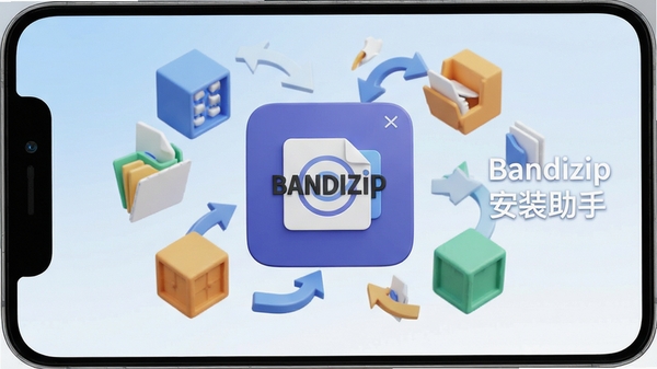 一张简洁明快的3D渲染风格配图,画面中央是Bandizip安装助手的程序图标,周围环绕着代表文件压缩与解压的抽象几何方块和箭头,背景为柔和的蓝白渐变,整体传达出高效、清爽、易用的软件气质,画面中带有“Bandizip 安装助手”字样,风格现代且专业。
