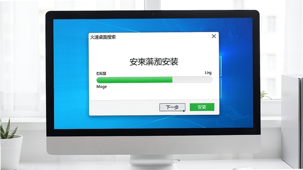 展示火速桌面搜索的安装过程示意图,电脑屏幕上显示安装向导界面,进度条正在加载,旁边有“下一步”和“安装”按钮,整体画面明亮清晰,模拟真实的软件安装场景