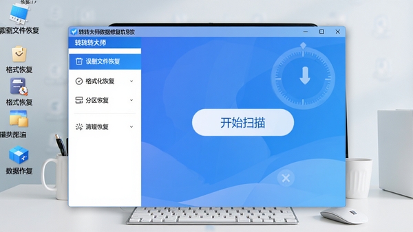 一款名为转转大师数据修复软件的桌面端数据恢复工具界面全貌,主窗口采用蓝白配色,左侧功能列表清晰展示“误删文件恢复”、“格式化恢复”、“分区恢复”等选项,中央区域有醒目的“开始扫描”按钮,背景为整洁的电脑桌面环境,整体风格现代、专业,画面细节丰富,突出软件的实用性与可靠性。