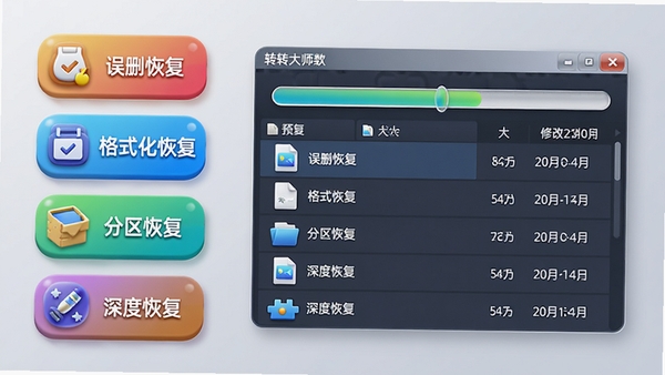 转转大师数据修复软件功能预览图,画面左侧竖向排列着“误删恢复”、“格式化恢复”、“分区恢复”、“深度恢复”四个彩色图标按钮,右侧展示一个模拟的磁盘扫描进度条界面,扫描出的文件以列表形式呈现,包含文件名、大小、修改日期等信息,整体色调明亮,图标设计具有立体感,背景为柔和的浅灰色渐变,突出软件的多种恢复能力。