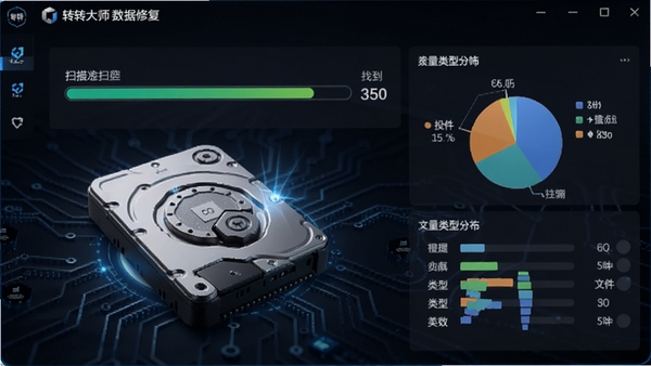 展示转转大师数据修复软件正在对硬盘进行深度扫描的过程画面,界面中显示扫描进度条、已找到的文件数量统计以及文件类型分布图,背景为深色科技感风格,突出软件强大的扫描引擎