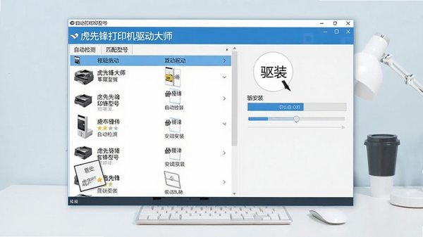 虎先锋打印机驱动大师主界面截图,展示自动检测打印机型号并匹配驱动的过程,背景为简洁的桌面环境,软件界面清晰显示设备列表和驱动安装进度条,画面明亮,色调以蓝色和白色为主,整体风格专业且友好