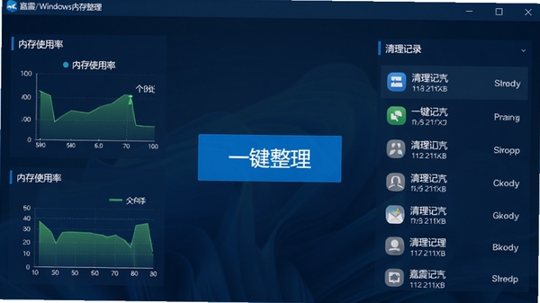 嘉震Windows内存整理软件主界面预览图,展示简洁的深蓝色调操作面板,中央有醒目的“一键整理”按钮,周围显示内存使用率图表和清理记录的列表,整体风格专业且清晰