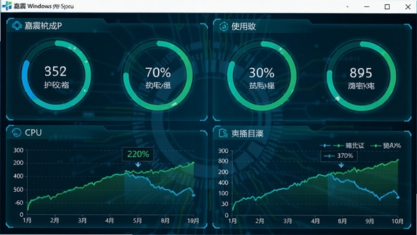 嘉震Windows内存整理软件的监控仪表盘截图,包含多个圆环进度条和折线图,分别显示内存、CPU和页面文件的使用率,界面蓝绿配色,科技感十足,各图表标注清晰