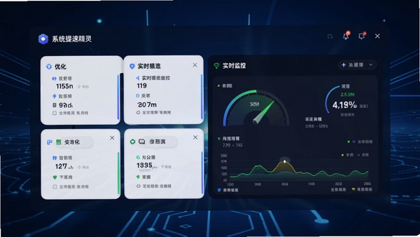 系统提速精灵主界面预览图,展示其清晰的分类优化模块和实时性能监控仪表盘,背景为充满科技感的深蓝色调,界面设计简洁现代