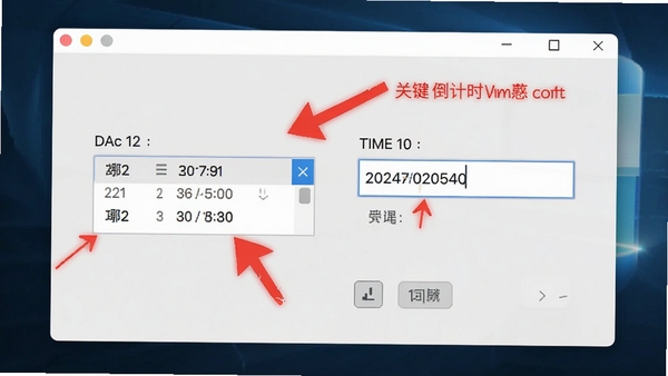 桌面倒计时软件设置界面,展示日期选择器与时间输入框,背景为浅灰色窗口,配有关键功能标注箭头,风格简洁直观