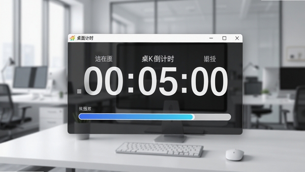 一款名为桌面倒计时的电脑软件悬浮在简洁的桌面上,显示着醒目的倒计时数字与进度条,背景是模糊的办公场景,整体风格干净明亮,突出软件界面的清晰与易用性,画面主体为软件界面特写,背景为现代化办公室环境,4k高清,产品展示图