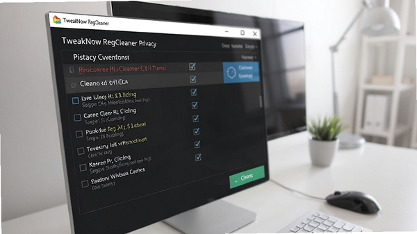 TweakNow RegCleaner 隐私清理功能界面特写,展示可清理的历史记录选项列表,界面有勾选框和清理按钮,背景为简洁的现代办公桌面