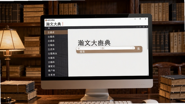 瀚文大典软件主界面预览图,展示其古籍库分类导航与搜索栏,背景为古色古香的书房场景,暖色调灯光,书架上摆满线装古籍,画面主体为电脑屏幕显示瀚文大典界面,风格写实清晰