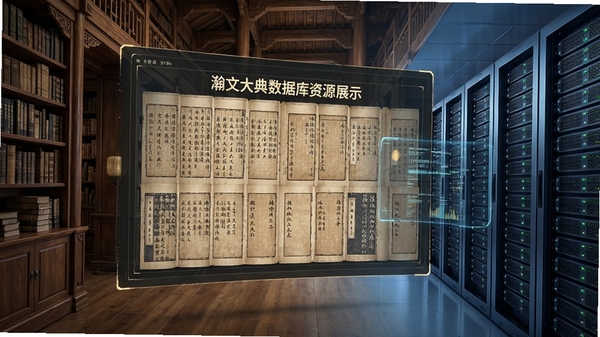 瀚文大典数据库资源展示,屏幕上显示大量古籍书目列表,背景为古代藏书阁与现代服务器机房结合的创意画面,突出数据海量与古今融合,色调沉稳大气