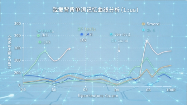 我爱背单词记忆曲线分析图表截图,展示单词遗忘点与复习提醒节点,背景为淡蓝色科技感网格,图表线条清晰,数据可视化风格,突出智能复习功能