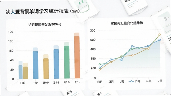 我爱背单词学习统计报表界面,包含柱状图与折线图,展示近一周学习时长与掌握词汇量变化趋势,配色清新,数据可视化风格,背景简洁