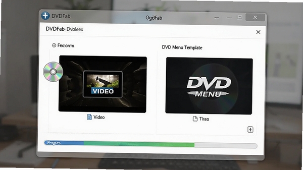 DVDFab�����Ĺ��̿�¼���ܽ��棬��ʾ��Ƶ�ļ����봰�ڲ�ѡ��DVD�˵�ģ��Ĺ��̣������н������͹���ͼ�꣬�����黯��ͻ���������򣬷��дʵ������