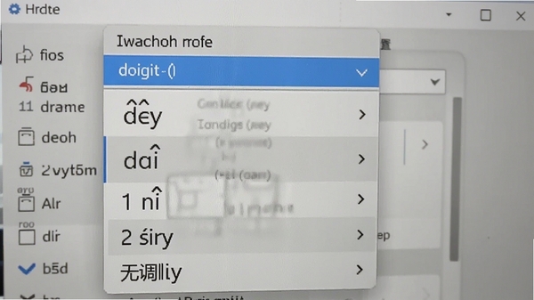 展示实用汉字转拼音软件输出格式选择下拉菜单的特写画面,菜单中罗列着带声调拼音、数字声调、无调拼音等选项,背景为软件功能设置面板