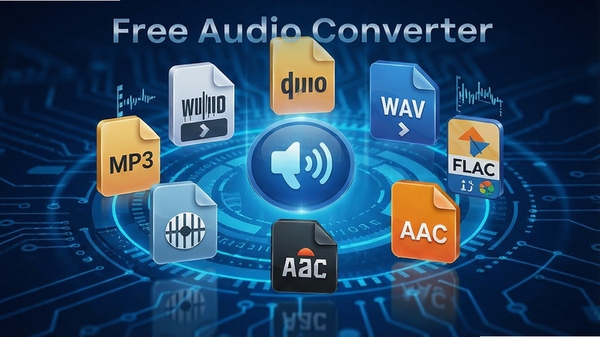 Free Audio Converter ��ʽת������չʾͼ������������ʾ������Ƶ��ʽͼ�껷�ƣ�����MP3��WAV��FLAC��AAC������Ϊ�Ƽ�����ɫ����ǿ��ת���ٶ�����ʽ��������
