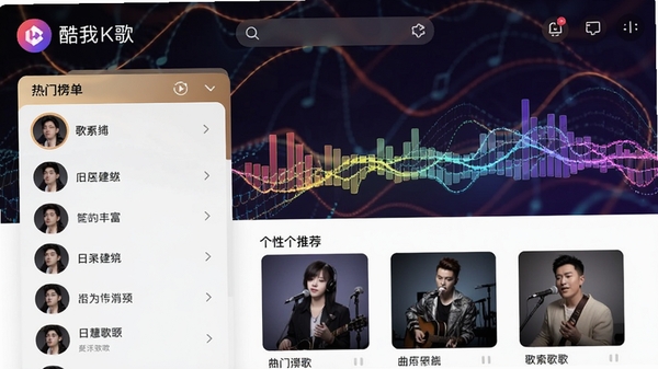 酷我K歌歌曲搜索界面,显示热门榜单和个性化推荐歌单,背景为音乐频谱流动的抽象图案,色彩鲜艳,体现曲库的丰富与推荐的智能化