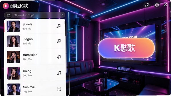 酷我K歌主界面预览图,展示清晰的歌曲列表和醒目的K歌按钮,背景为现代时尚的KTV包房氛围,霓虹灯光点缀,整体画面明亮且富有动感,突出软件的娱乐属性和专业感