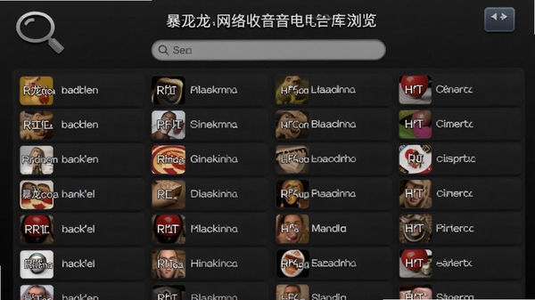 暴龙网络收音机电台库浏览界面,展示丰富的频道分类和搜索功能,画面以列表形式呈现众多电台名称,配有放大镜搜索图标,风格直观易用