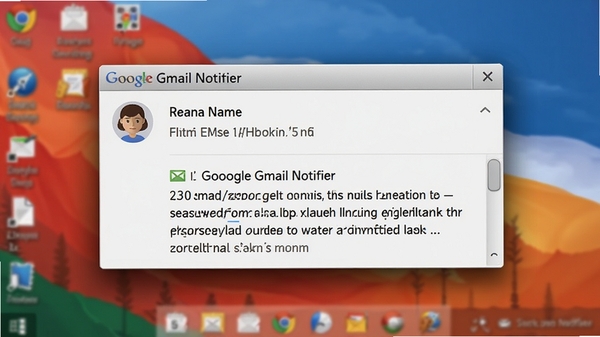 Google Gmail Notifier 的邮件预览弹出窗口特写,窗口内清晰显示发件人头像、姓名、邮件标题和正文摘要,窗口边缘有阴影效果,背景为桌面壁纸,突出快速预览的便捷性