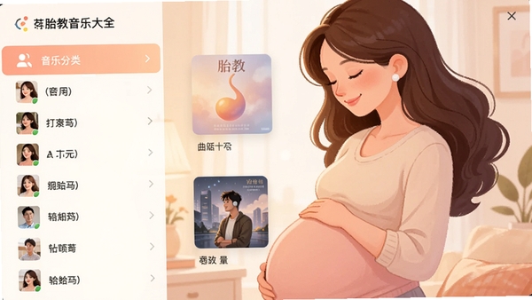胎教音乐大全播放器曲库分类界面,左侧为音乐分类列表,右侧显示专辑封面和曲目信息,背景搭配孕妈妈微笑聆听的插画,画面温馨,色彩柔和,细节丰富,呈现软件功能预览图