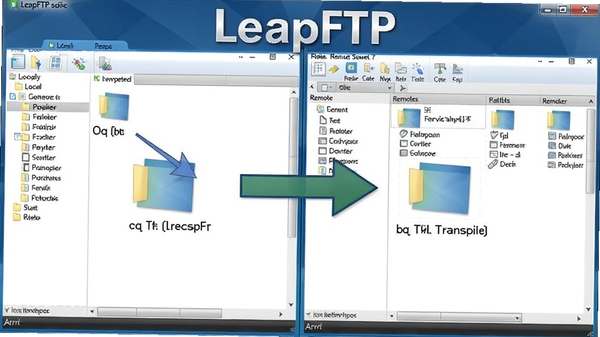 LeapFTP双窗口操作演示截图,左侧本地文件夹,右侧远程服务器目录,中间用箭头指示文件拖拽传输方向,界面标注清晰,突出软件名称LeapFTP。