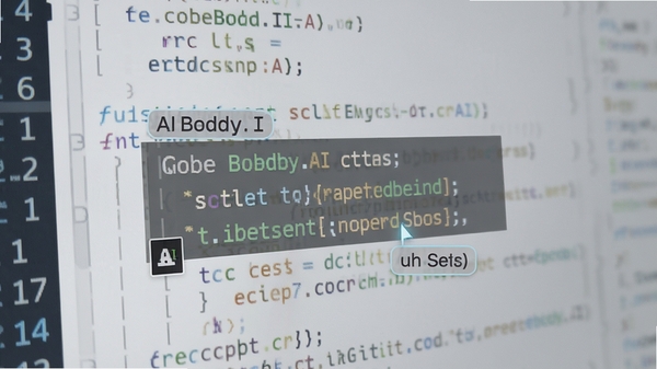 CodeBuddy.AI代码补全功能特写,光标处显示灰色半透明的AI推荐代码,旁边有快捷键提示标签,背景为清晰的代码行,整体风格写实清晰,突出智能联想效果