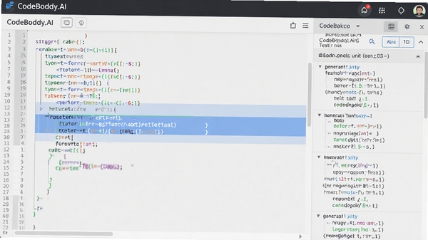 CodeBuddy.AI自动生成单元测试代码的界面截图,右侧面板显示生成的测试用例列表,代码窗口高亮显示被测函数,整体界面布局清晰,色彩搭配专业