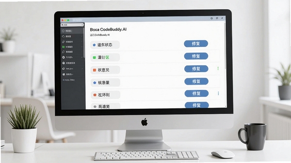 CodeBuddy.AI运行环境检测与修复示意图,画面中电脑屏幕显示软件诊断结果列表,包含组件状态与修复按钮,背景为干净的办公桌面,整体风格简洁明了