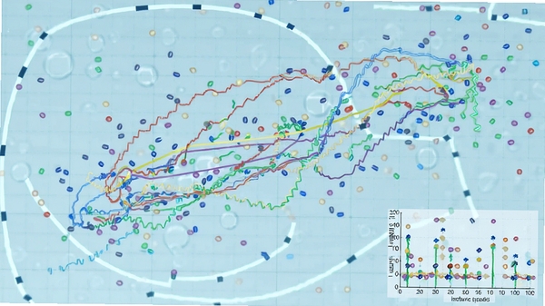 纳米机器人软件模拟液体环境中粒子运动的轨迹图,显示不同颜色线条代表不同粒子的路径,背景为浅蓝色网格,数据图表清晰,科技感十足