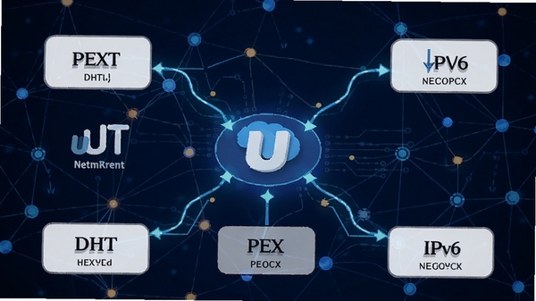 uTorrent��Э��֧��ʾ��ͼ��չʾDHT��PEX��IPv6������Э���ʶ������Ϊ����ڵ�����ͼ���Ƽ���ʮ�㣬����������������������ԡ�