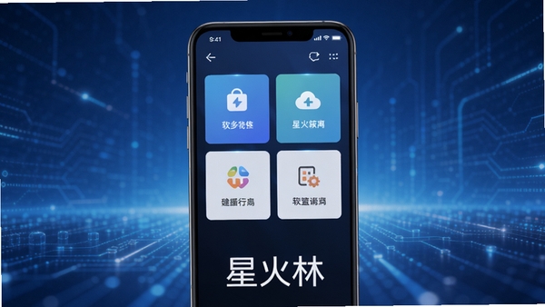 星火林软件主界面预览图,画面中央为手机屏幕展示,背景为渐变的蓝色科技感光效,手机界面内显示几个主要功能模块图标,下方有星火林字样,整体风格简洁现代