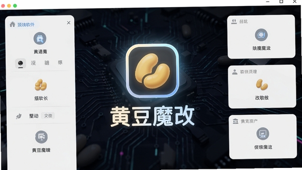 黄豆魔改软件主界面预览图,展示其简洁的模块化功能布局,背景为深色系的抽象科技纹理,中心位置突出显示“黄豆魔改”字样及其图标,图标风格圆润且带有发光边缘效果,整体画面干净,适合作为软件介绍首图
