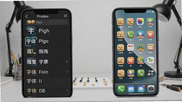 黄豆魔改软件字体图标更换功能预览,左侧展示字体选择列表,右侧为手机桌面图标替换效果模拟图,图标排列整齐,色彩明快,背景为浅灰色工作室场景,突出软件定制化特色
