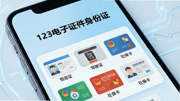 一张智能手机屏幕的特写,屏幕内清晰显示123电子证件身份证的主界面,界面上方为软件名称“123电子证件身份证”,下方以卡片形式整齐排列着身份证、驾驶证、社保卡等彩色电子证件图标,背景为简洁的浅蓝色渐变,画面干净明亮,突出数字化证件管理的高效与便捷,整体风格现代且具有科技感