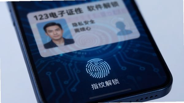 123电子证件身份证的指纹解锁界面,手机屏幕下方显示指纹图标和“指纹解锁”字样,背景为模糊处理的证件卡片,整体色调呈深蓝色科技感风格,强调软件在隐私安全方面的严密防护,画面简洁且具有安全感