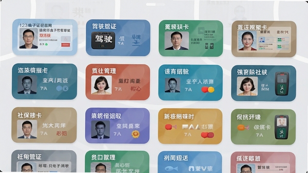 123电子证件身份证应用内的证件列表页面,屏幕上整齐排列着多张不同颜色的证件卡片,包括身份证、驾驶证、社保卡,每张卡片上印有对应的证件名称和缩略图,界面采用圆角卡片设计,背景为淡灰色,整体视觉效果清爽整洁,体现软件的强大收纳与管理功能