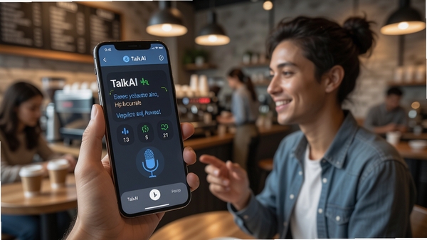 展示TalkAI智能语音助手在嘈杂咖啡厅环境中进行语音识别的场景,手机屏幕清晰显示高准确率的文字转换结果,背景虚化突出主体,画面带有科技感与生活气息,包含TalkAI智能语音助手界面元素