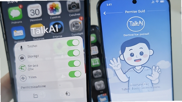 展示TalkAI智能语音助手在手机上安装时的权限设置页面,界面清晰展示麦克风、存储等权限开关,背景为手机桌面,风格简洁明了,包含TalkAI智能语音助手安装引导界面