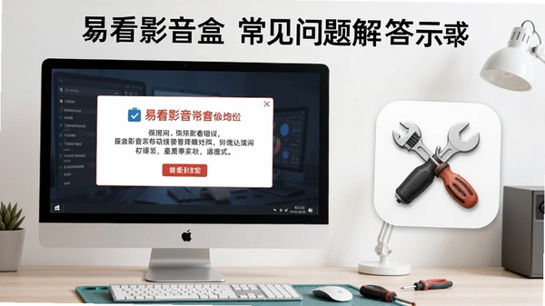 易看影音盒常见问题解答示意图,画面中电脑屏幕显示错误提示框,旁边有修复工具图标,背景为干净的工作台,风格简洁明了。