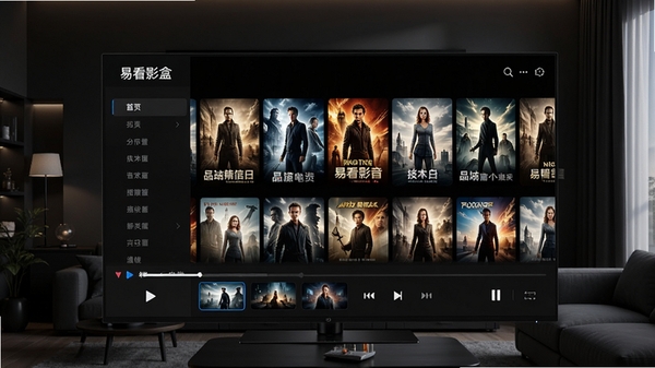 易看影音盒主界面预览图,展示简洁的播放器外观、高清影视海报墙和分类导航栏,背景为深色客厅影音环境,整体画面清晰明亮,突出软件在电脑上运行的流畅感。