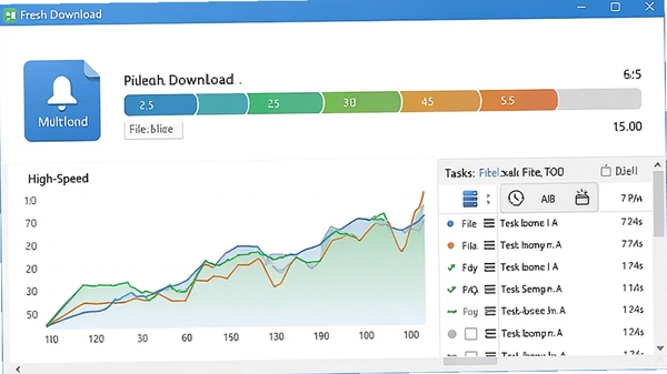 Fresh Download software interface showing a large file being downloaded with multiple segments visualized, high-speed graph lines, detailed task list, modern UI design, bright and clear, software screenshot style